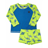 Conj. praia camiseta manga longa + sunga tubarões verde e azul