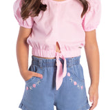 Conj. blusa manga curta bufante rosa + shorts jeans bordado