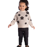 Conj. casaco tricô bege flores + legging cirrê flanelada preta
