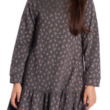Vestido manga longa malha jacquard cinza lacinhos