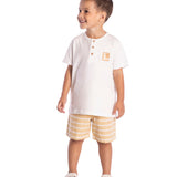 Conj. camiseta manga curta off white + bermuda linho listrada