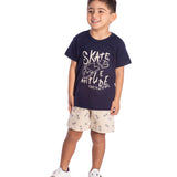 Conj. camiseta manga curta skate marinho + bermuda moletinho bege