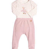 Conj. body manga longa listrado patch coelho + calça canelada rosa