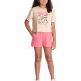 Conj. juvenil blusa manga curta bege + shorts rosa