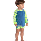 Conj. praia camiseta manga longa + sunga tubarões verde e azul