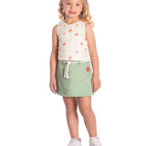 Conj. blusa regata floral + saia-shorts verde com bordado de flor