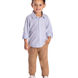 Conj. camisa manga longa fio tinto listrada azul e branca + calça bengaline cáqui