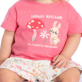 Conj. blusa manga curta rosa + shorts estampado bege