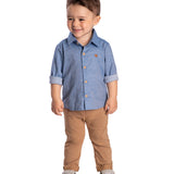 Conj. camisa manga longa jeans + calça bengaline cáqui