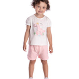Conj. blusa manga curta bufante dinossaura + shorts moletinho rosa claro