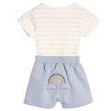 Conj. body camiseta listrado + bermuda azul arco-íris