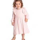 Vestido manga longa tecido fio tinto listras rosa